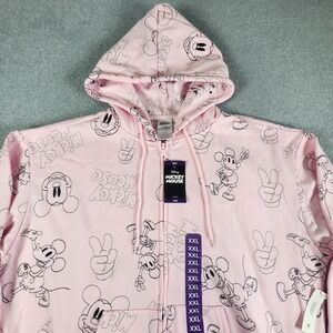 Disney Mickey Mouse Embroidered Hoodie Women Size XXL Pink AOP‎ Full Zip Fleece